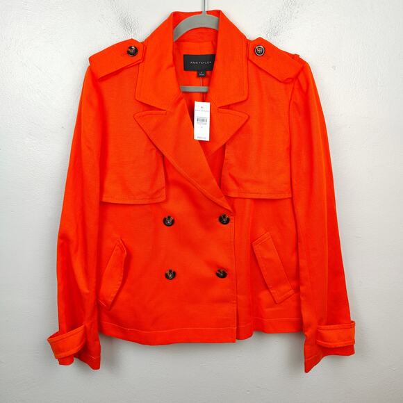 Ann Taylor Short Trench Coat Womens Medium NWT Bright Poppy Orange Preppy Jacket - Picture 1 of 8